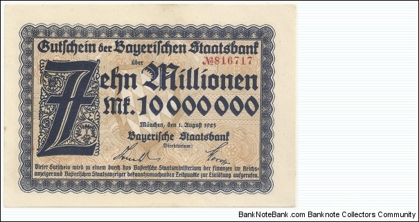 Germany-Bayerische Staatsbank 10 Million Mark 1923 Banknote