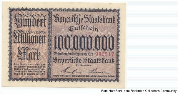 Germany-Bayerische Staatsbank 100 Million Mark 1923 Banknote