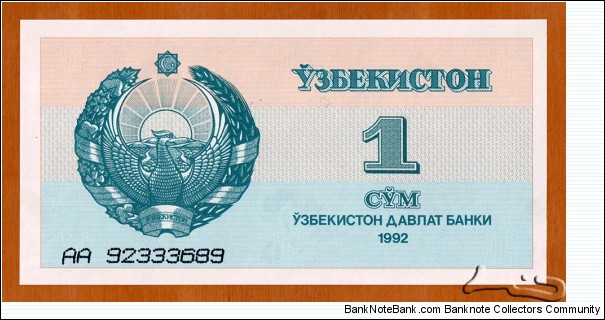 Uzbekistan | 
1 So‘m, 1992 | 

Obverse: National emblem | 
Reverse: Sher-Dor Madrasah in Samarkand | Banknote