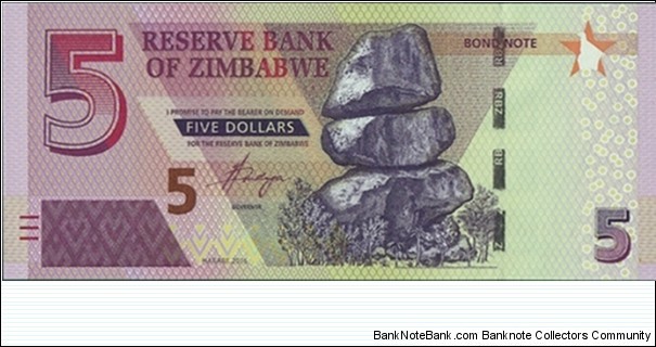 Zimbabwe 2016 5 Dollars.

Bond Note. Banknote