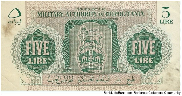 TRIPOLITANIA
5 Lire 
(British Occupation) Banknote
