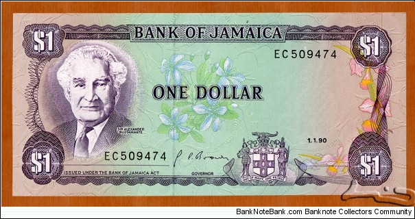 Jamaica | 
1 Dollar, 1990 | 

Obverse: Portrait of Sir William Alexander Clarke Bustamante (1884-1977), and Lignum Vitae (Guiacum Officinale) – the national flower of Jamaica | 
Reverse: Archipelago scene | 
Watermark: Pineapple | Banknote