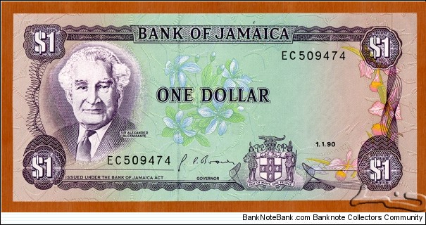 Jamaica | 
1 Dollar, 1990 | 

Obverse: Portrait of Sir William Alexander Clarke Bustamante (1884-1977), and Lignum Vitae (Guiacum Officinale) – the national flower of Jamaica | 
Reverse: Archipelago scene | 
Watermark: Pineapple | Banknote