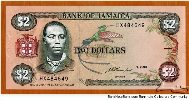 Jamaica | 
2 Dollars, 1993 | 

Obverse: Portrait of Paul Bogle (1822-1865), was a Jamaican Baptist deacon and activist and a National Hero of Jamaica, and Doctor Bird (Trochilus polytmus) – the national bird of Jamaica | 
Reverse: Schoolchildren  | 
Watermark: Pineapple | Banknote