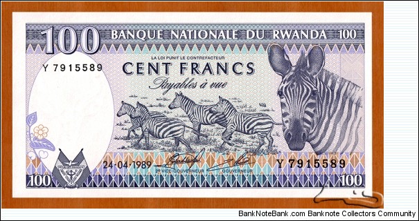 Rwanda | 
100 Amafaranga, 1989 | 

Obverse: A herd of Plains zebras (Equus quagga) | 
Reverse: Rwandan mother carrying her baby on her back, Volcanoes National Park, and Mount Bisoke and Mount Karisimbi | 
Watermark: Head of Antelope Impala | Banknote