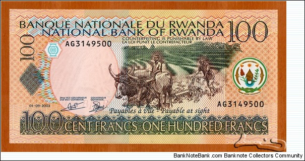 Rwanda | 
100 Amafaranga, 2003 | 

Obverse: Peasants ploughing with Ankole-Watusi bulls | 
Reverse: Lake Kivu | 
Watermark: Watusi (Intore dancer) | Banknote