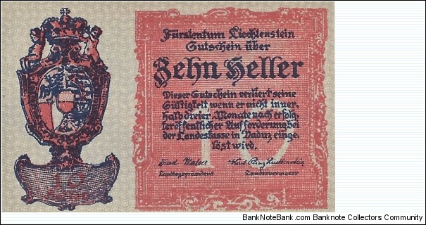 LIECHTENSTEIN 10 Heller
1920 Banknote