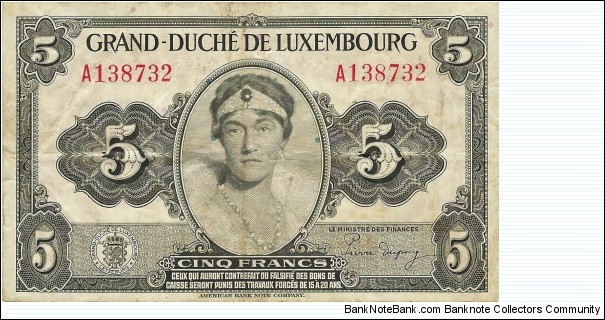 LUXEMBOURG 5 Francs
1944 Banknote
