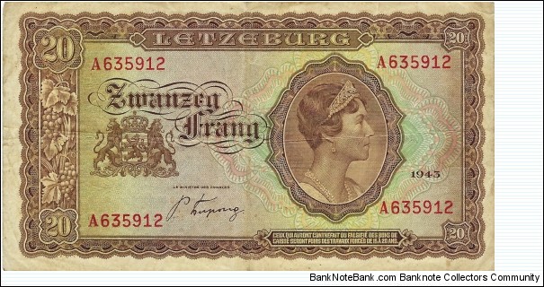 LUXEMBOURG 20 Francs
1943 Banknote