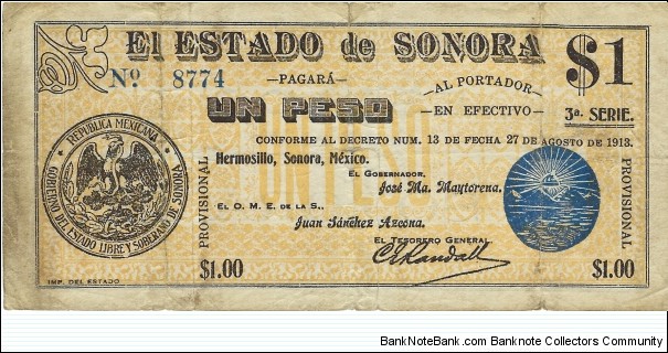 SONORA 1 Peso
1913 Banknote