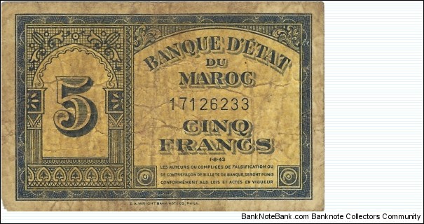 MOROCCO 5 Francs
1943 Banknote