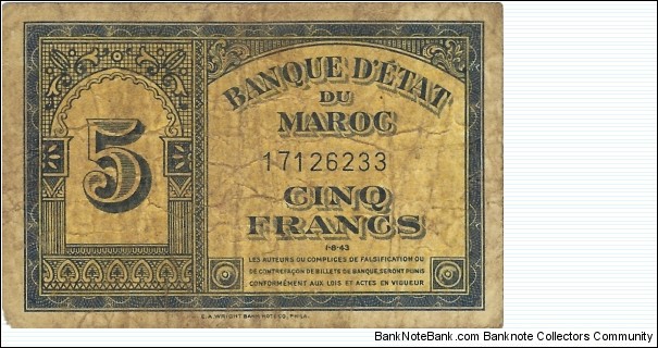 MOROCCO 5 Francs
 Banknote