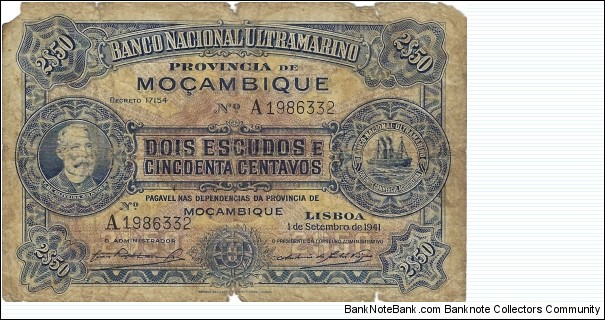 MOZAMBIQUE 2 1/2 Escudos
1941 Banknote