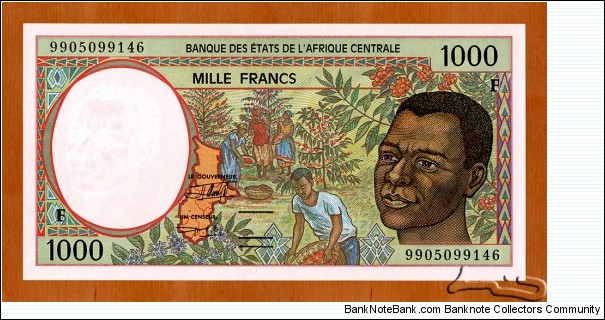 Central African Republic | 
1,000 Francs, 1999 | 

Obverse: Portrait of an African man, Map of the Central African States, and Coffee bean harvesting scene | 
Reverse: Tree logging scene, and Stylized wooden mask | 
Watermark: African man | Banknote