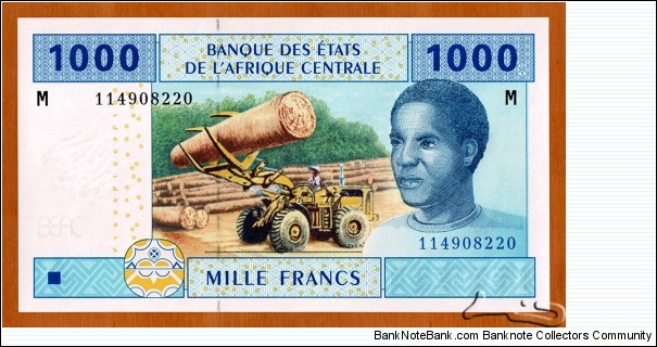 Central African Republic | 
1,000 Francs, 2002 | 

Obverse: Portrait of Teenager, Forest exploitation by logging | 
Reverse: Mechanization of agriculture, and Cattle | 
Watermark: Three heads of antelope Kudu, and Electrotype 'BEAC' | Banknote