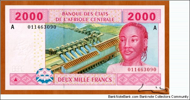 Gabon | 
2,000 Francs, 2000 | 

Obverse: Portrait of a young woman, and Hydroelectric dam | 
Reverse: Open mining: excavator loading a large dump truck with minerals | 
Watermark: Three heads of antelope Kudu, and Electrotype 'BEAC' | Banknote