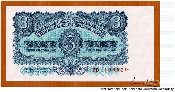 Czechoslovak Republic | 
3 Koruny, 1953 | 

Obverse: Value | 
Reverse: National Coat of Arms | Banknote