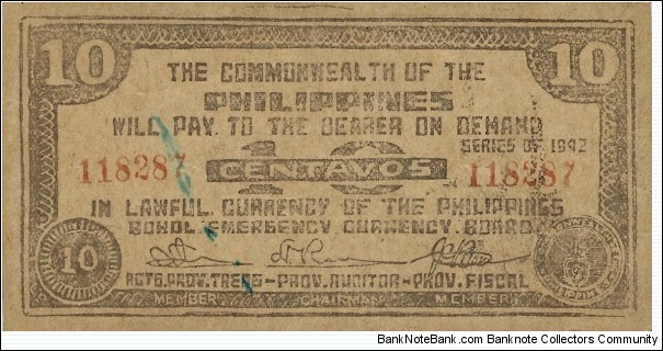 PHILIPPINES  10 Centavos
(Bohol Emergency Currency) Banknote