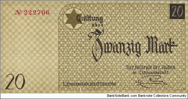 LODZ (LITZMANNSTADT)
20 Mark
(Jewish Ghetto Currency) Banknote