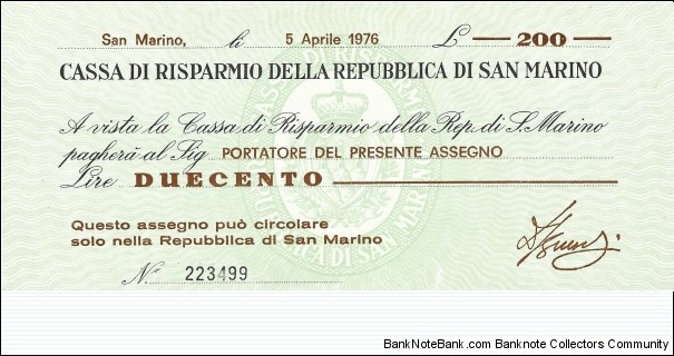 SAN MARINO 200 Lire
1976 Banknote
