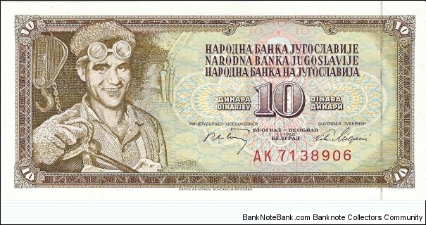 YUGOSLAVIA 10 Dinara
1968 Banknote