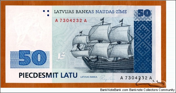Latvia | 
50 Latu, 1994 | 

Obverse: Stylised oak leaf, Ancient sailing ship, and Vertical ornamental band composed of the motif of Lielvārde belt | 
Reverse: Historical small Coat of Arms of Riga, The city plan of medieval Riga, and National Coat of Arms | 
Watermark: Milda (a Latvian folk-maid) in profile | Banknote