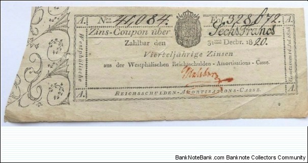 6 Frank-1811-20 Kigdom of Westphalie --Napoleon satelite kingdom in Germany 6 Frank Banknote