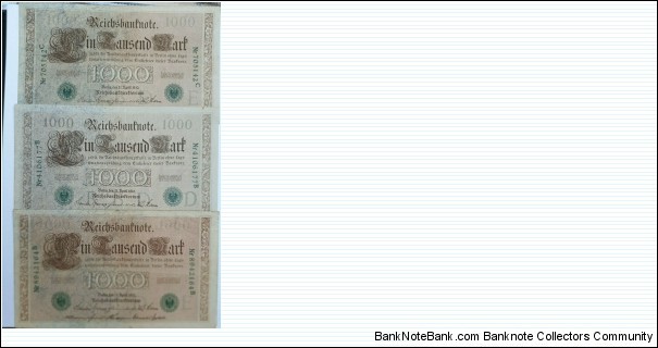 

1000 Mark. Date 1910, Green Seal, Green digitnumber, 6-7  Printed after November 25, 1919. Ros 46a-b Banknote