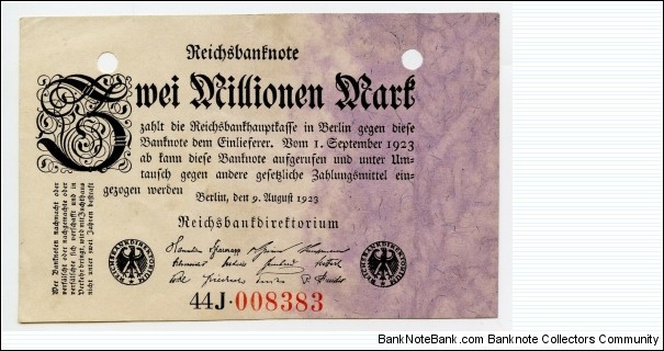 Germany Republic 1923 inflation money 2 million Mark Invalid due to typing error. There is little security-uv thread in it  1923 Banknote