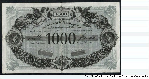 France  Lyon  Union Commerciale du Sud Est 1954 1000 Francs non issued without serial number remainder Banknote
