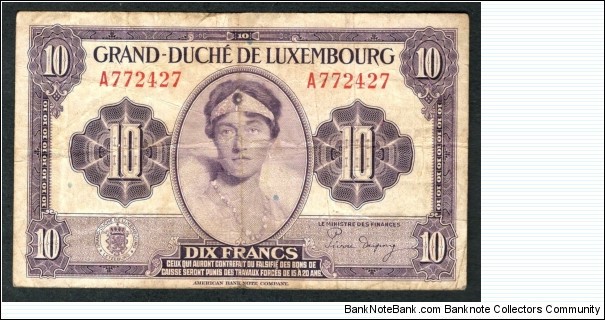 Luxemburg, 1944 10 Francs, American Banknote Company issued banknote after Freedom for Luxemburg, Short snortel, with signatures Wor:P-44a.2 Banknote