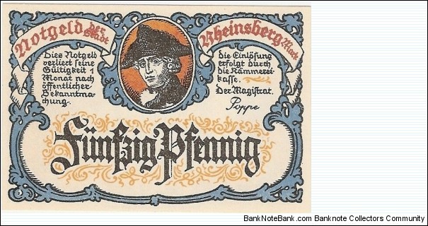 1920-21 50 Pfennig  Rheinsberg Banknote