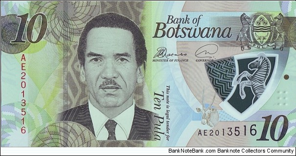Botswana 2018 10 Pula.

The first polymer note type from Botswana. Banknote