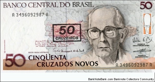 50 Brazilian cruzeiro
Front: Effigy of Carlos Drumond de Andrade (1902-1987), appearing in the background, the house and mountains of Itabira (MG)
Reverse: An engraving represents the poet on his desk in the office of writing.  Banknote