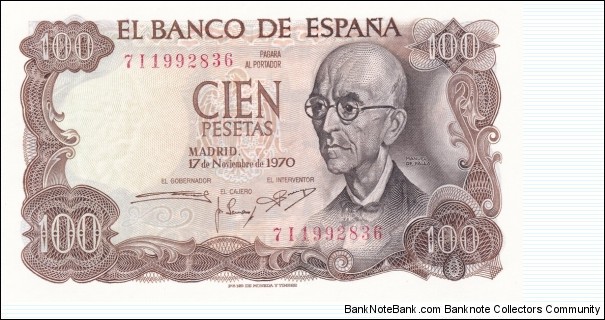 
100 Pta - Spanish peseta
Serial format: 1 digit 1 letter 7 digits Banknote