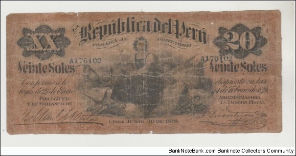 Peru Reserve Bank of Peru 1879 20 Sol de Oro Banknote