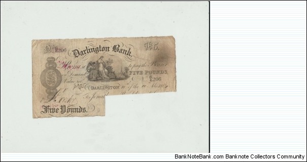 DARLINGTON BANK 5 POUNDS 1884 CUT CANCELLED Banknote