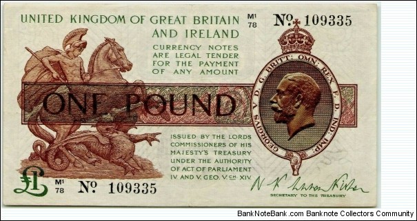 1922 Great Britain One Pound, £1  Banknote