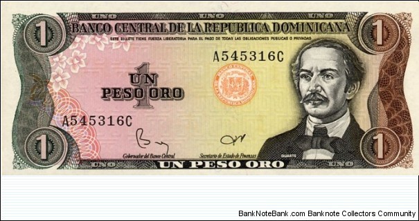 
1 $ - Dominican peso

Printer: Thomas de la Rue, London. Signatures: Bernardo Vega / Rafael Abinader. Banknote