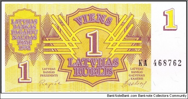
1 Latvian rublis

Signatures : Einārs Repše & Jānis Ozoliņš Banknote