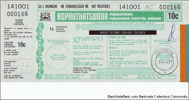 Bophuthatswana 1977 10 Cents postal order.

Issued at Montshiwa. Banknote