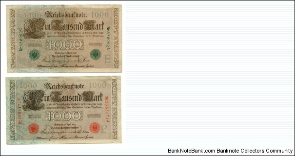 1000 MARK 1910 issued 1919 with green seal, with 6 digits RARE 1000 MARK  1910 with red digits, and red seal. Banknote