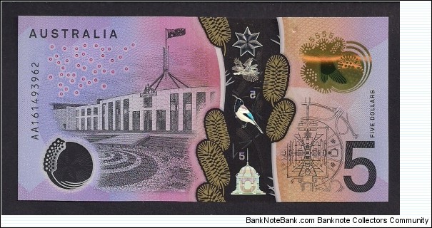 Australia Next Generation $5, Polymer, 2016 First Prefix Banknote