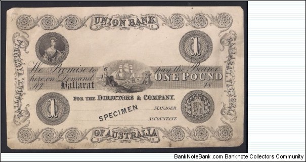 Union Bank, Australia, 1 Pound 1858 Banknote