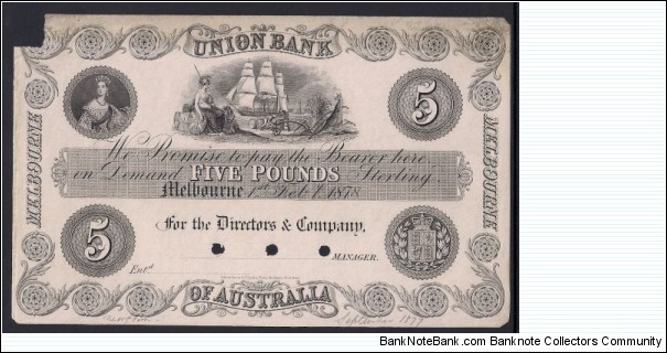 Union Bank (Australia) 5 Pounds 1878 Banknote