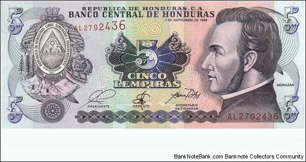 
5 L - Honduran lempira
Printer: De la Rue, London. Banknote