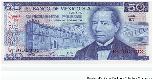 50 $ - Mexican peso
Brown guilloche at upper left on back
Front: Government palace at left, Benito Juárez at right, bank title with S. A. 3 signatures and signature varieties, red and black series letters and serial #. Back: Temple and Zapotec figural urn. brown seal at right. Banknote