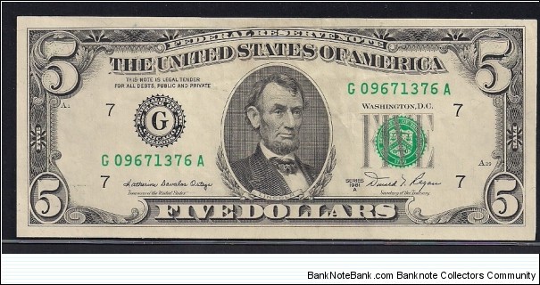 USA $5 Error- Partial Face to Back Offset Error Banknote