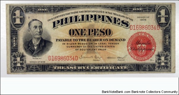 ONE SILVER PESO 1936 Philippines Islands, Series 1936, 1 Peso Treasury Cert Red Seal  Banknote