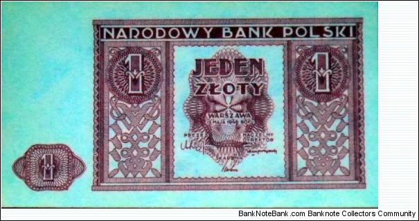 Poland 1 Złoty 1946.
Designed by Ryszard Kleczewski. 152.000.000 pcs. Banknote